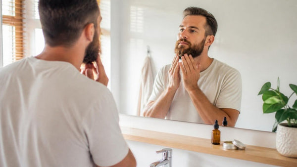 Homme barbu qui applique de l'huile à barbe devant son miroir, avec un flacon d'huile et un baume à barbe posés sur l'étagère