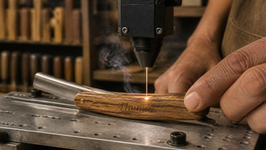 Gravure laser d'un manche de rasoir en bois dans l'atelier Ippos Beard en France