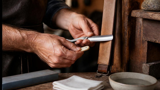 Mains qui passent un rasoir coupe choux sur un cuir pour l'affûter et l'entretenir dans un atelier