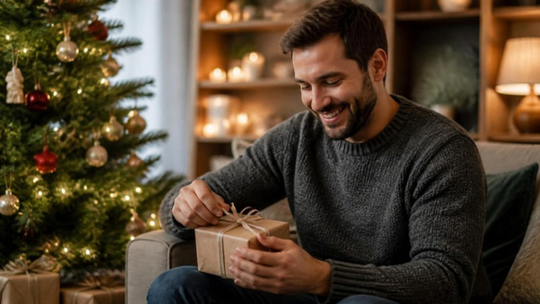 Homme barbu souriant qui ouvre un cadeau de Noël près du sapin, idée cadeau de Noël pour homme barbu