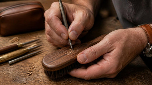 Accessoires de barbe personnalisés : mains d'un artisan qui grave le manche en bois d'une brosse à barbe dans un atelier