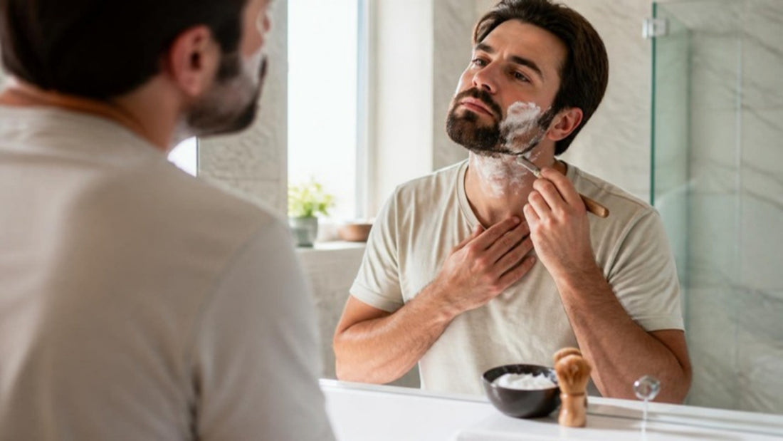 Homme barbu qui se rase au rasoir coupe choux devant le miroir, guide rasoir coupe choux débutant