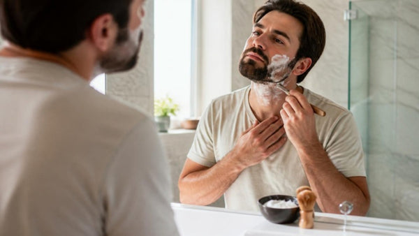 Homme barbu qui se rase au rasoir coupe choux devant le miroir, guide rasoir coupe choux débutant