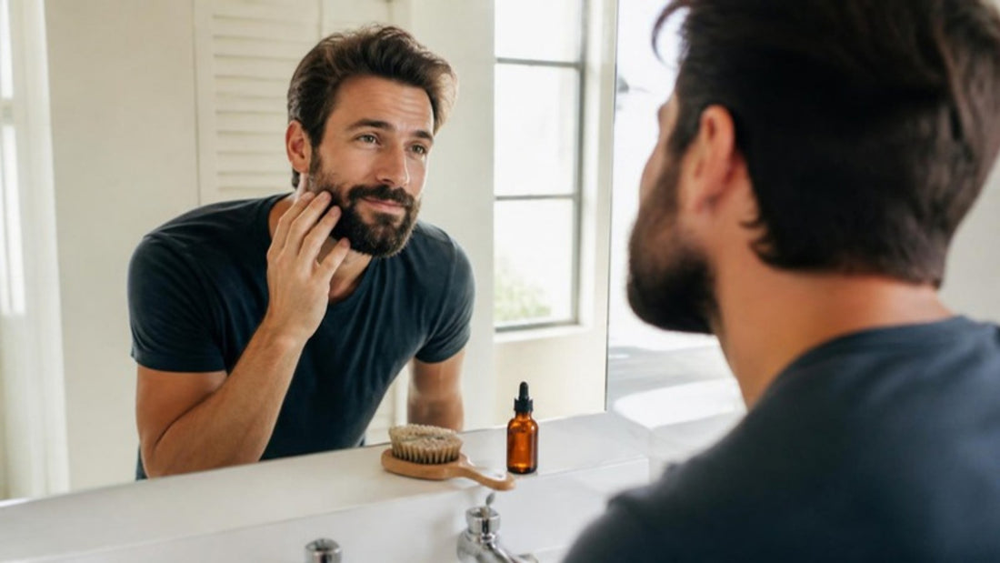 Homme barbu devant le miroir de la salle de bain qui se gratte la joue, barbe qui gratte