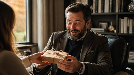 Cadeau pour homme qui a tout : un homme barbu sourit en recevant un petit paquet en papier kraft dans son salon