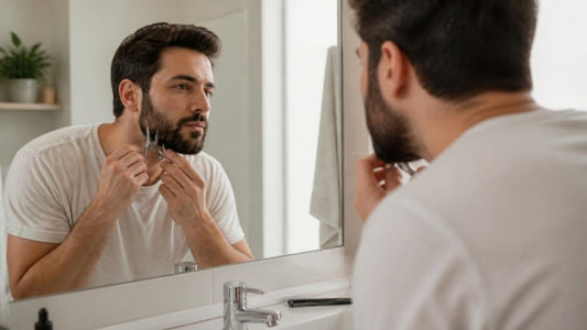 Homme barbu qui taille sa barbe soi même devant le miroir de sa salle de bain