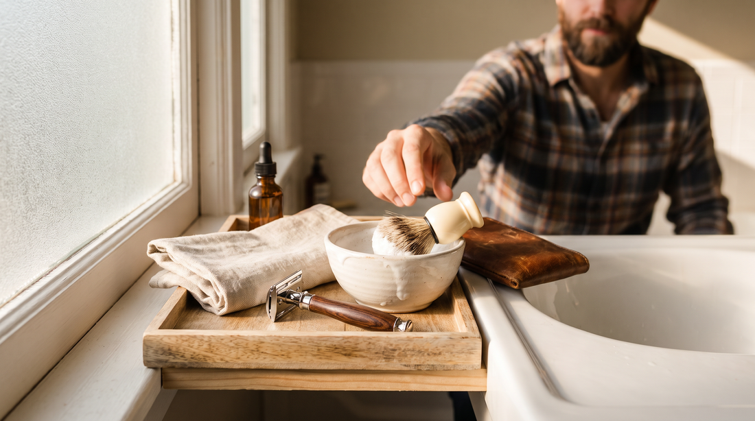Kit rasage traditionnel posé sur un plateau en bois près d'un lavabo : rasoir de sûreté, blaireau, bol de mousse et serviette