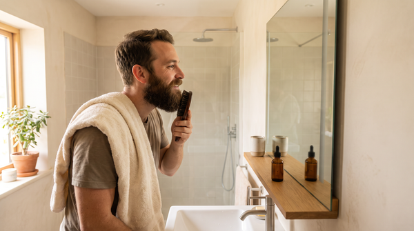 Homme barbu qui brosse sa barbe le matin dans la salle de bain pour entretenir sa barbe