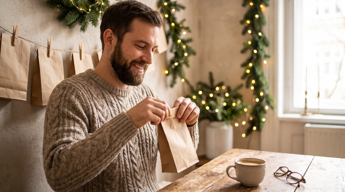 Homme barbu qui ouvre un sachet de son calendrier de l'Avent homme fait maison