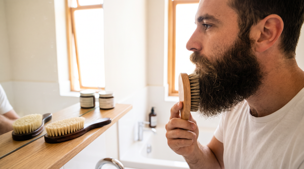 Homme barbu qui se brosse la barbe : brosse à barbe poils de sanglier ou synthétique