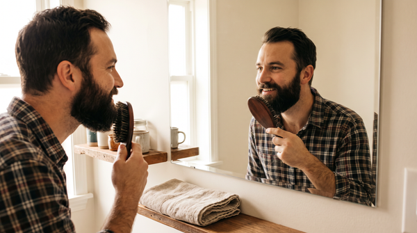 Homme barbu qui se brosse la barbe avec une brosse à barbe personnalisée en bois dans sa salle de bain