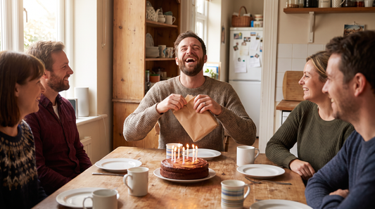 Homme barbu qui rit en ouvrant un cadeau d'anniversaire drôle à table avec ses amis
