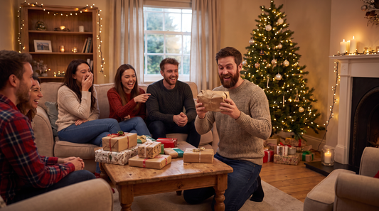 Classement des cadeaux drôles pour un Secret Santa : un homme barbu montre son cadeau en riant devant ses amis près du sapin