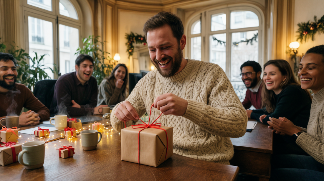 Cadeau Secret Santa homme : un homme barbu ouvre un petit cadeau au bureau entouré de ses collègues