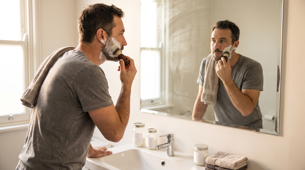 Comment bien se raser : un homme applique de la mousse à raser au blaireau devant le miroir