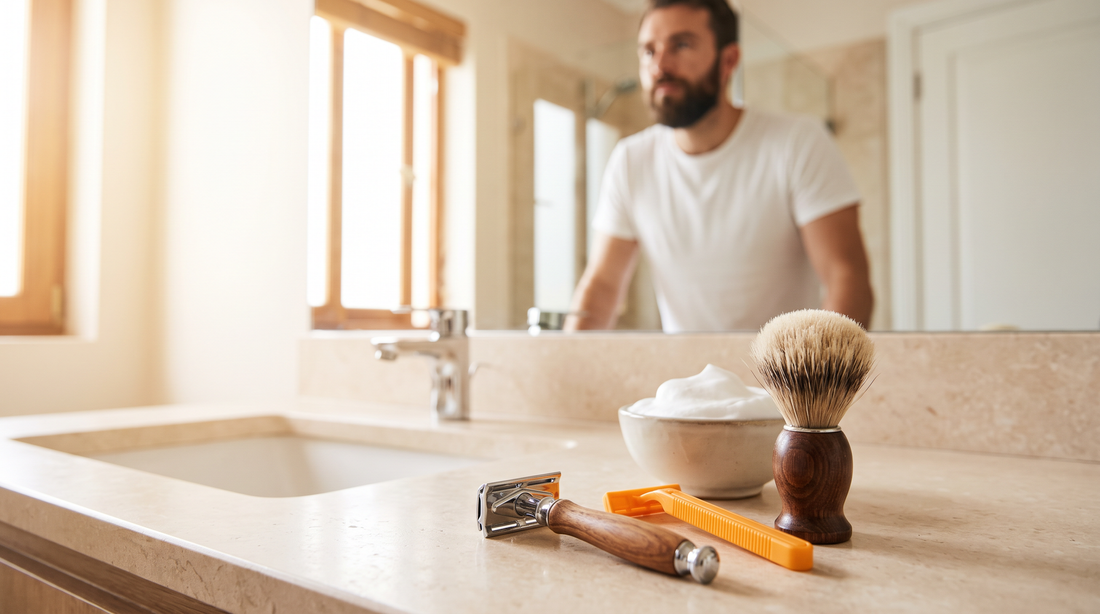 Rasoir de sûreté ou rasoir jetable : les deux rasoirs posés sur le bord d'un lavabo propre