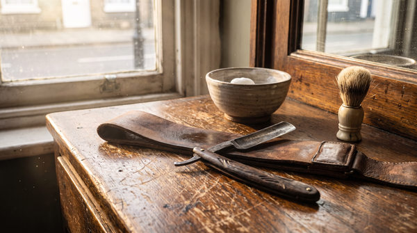 Histoire du rasoir coupe choux : rasoir ancien ouvert sur un cuir à affûter avec un blaireau, sur le comptoir d'un barbier