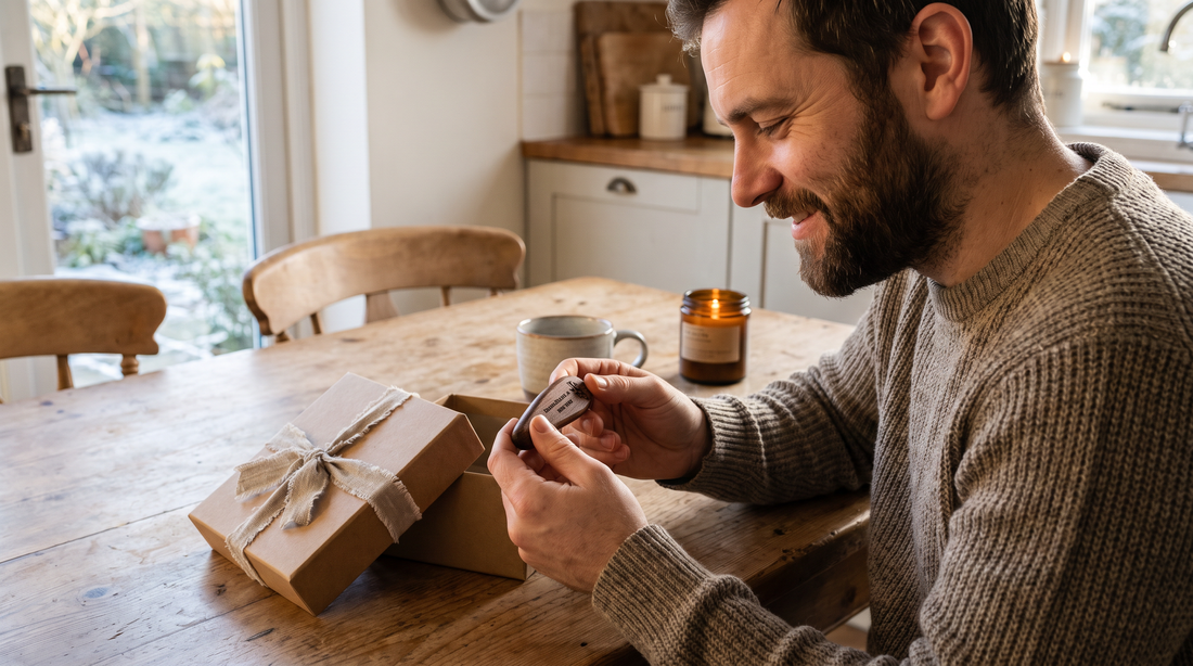 Cadeau gravé pour homme : un homme barbu découvre un objet en bois gravé à son prénom