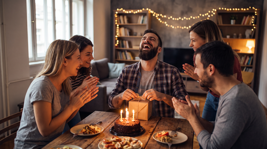 Cadeau amusant pour homme de 30 ans : un homme barbu rit en ouvrant son cadeau d'anniversaire entre amis