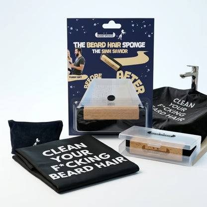 PACKUNGSINHALT: 1 BARTSCHWAMM + 1 REISEBOX + BARTSCHÜRZE